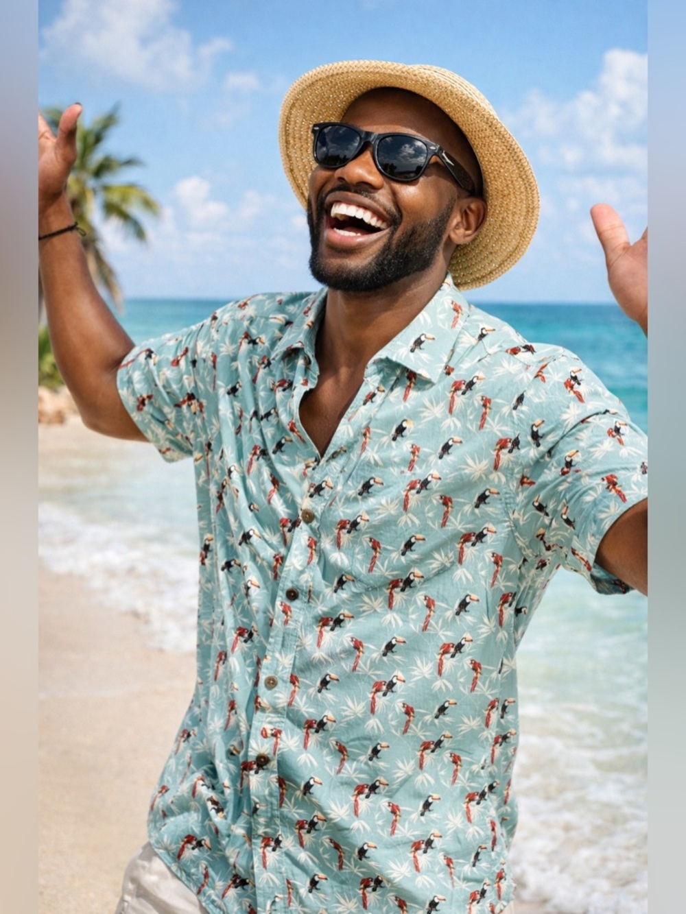 Caribbean Roundtree Yorke Hawaiian Shirt Men XL AOP Parrots Toucans Rayon TC0235